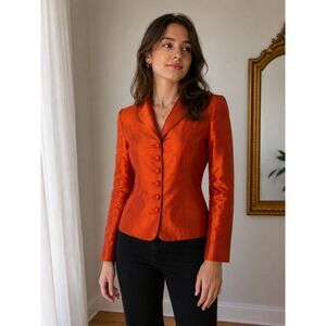 Vintage Saville 100% Silk Blazer Petite 8P Burnt Orange Copper Jacket Women's 8